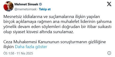 Bakan Şimşek'ten Özgür Özel'e tepki: Doğrudan bir itibar suikastı!